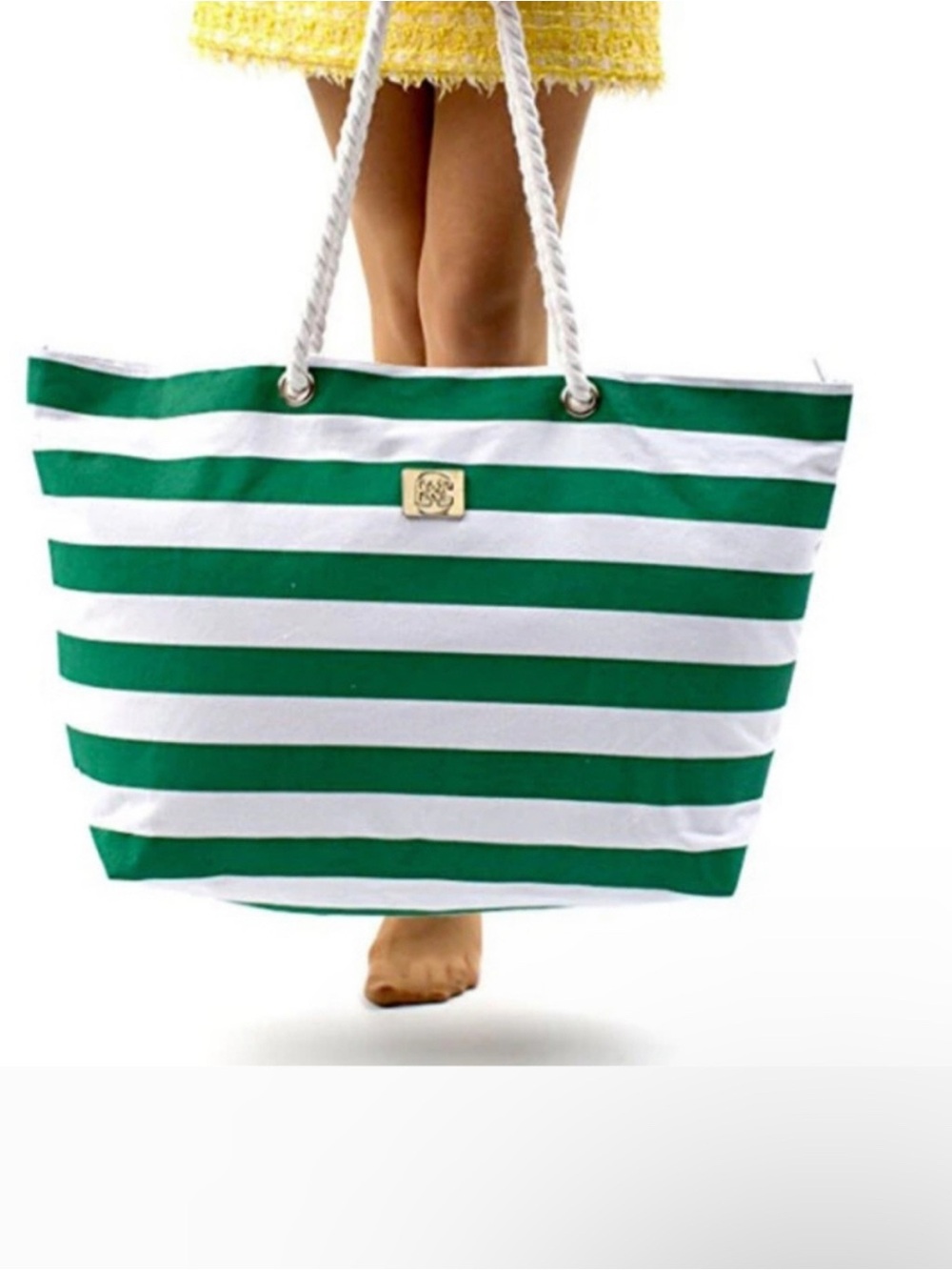Bags & Carry Green & White Striped Rope-Handle Tote